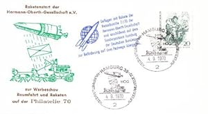 Image du vendeur pour Versuchsreihe 7/70 der Hermann-Oberth-Gesellschaft anllich der Ausstellung  Philatelie 70" in Hamburg, durchgefhrt auf dem Flugplatz Unterl. In der Mitte Befrderungsstempel (Geflogen mit Rakete der Versuchsreihe 7/70 .), rechts mit doppeltem Postsonderstempel Hamburg 4.9.1970. mis en vente par Antiquariat Heinz Tessin