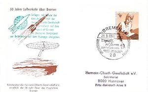 Image du vendeur pour Versuchsreihe 7/69 der Hermann-Oberth-Gesellschaft anllich des 50jhrigen des Flughafens Bremen und der damit verbundenen Ausstellung, durchgefhrt auf dem Flugplatz Luneort bei Bremerhaven. Oben links Befrderungsstempel (Geflogen mit Rakete der Versuchsreihe 7/69 .), rechts mit Postsonderstempel Bremen 28.9.1969. mis en vente par Antiquariat Heinz Tessin