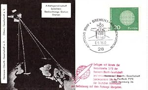 Image du vendeur pour Versuchsreihe 2/70 der Hermann-Oberth-Gesellschaft anllich der Erffnung der Satelliten-Beobachtungsstation in Bremen, durchgefhrt auf dem Flugplatz Bremen. Unten rechts Befrderungsstempel (Geflogen mit Rakete der Versuchsreihe 2/70 .), rechts mit Postsonderstempel Bremen 6.6.1970. mis en vente par Antiquariat Heinz Tessin