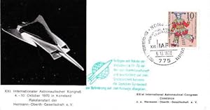 Bild des Verkufers fr Versuchsreihe 11/70 der Hermann-Oberth-Gesellschaft anllich des internationalen Astronautischen Kongresses in Konstanz, durchgefhrt auf dem Startgelnde Unterl in Niedersachsen. In der Mitte Befrderungsstempel (Geflogen mit Rakete der Versuchsreihe 11/70 .), rechts mit Postsonderstempel Konstanz 6.10.1970. zum Verkauf von Antiquariat Heinz Tessin