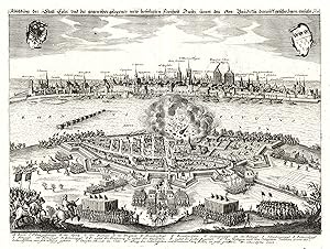 Bild des Verkufers fr Gesamtansicht ber den Rhein mit Belagerung im Jahre 1632 mit der Sprengung der Deutzer Kirche ('Abbildung der Statt Cln und der gegenber gelegener new besfestigten Freyheit Duijtz . 1632'). zum Verkauf von Antiquariat Norbert Haas