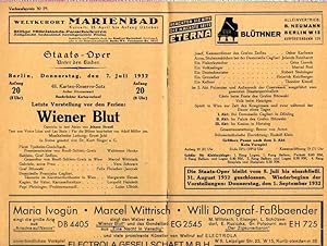 Original-Programmheft zu " Wiener Blut ". Operette in 3 Akten von Victor Léon und Leo Stein. Musi...