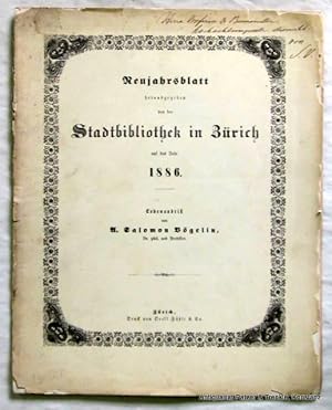 Imagen del vendedor de Lebensabri von A. Salomon Vgelin. Zrich, Orell Fli & Co., 1885. 4to. Mit Stahlstichportrt. 33 S. Orig.-Umschlag; gebrunt, Deckelrnder mit kurzen Ausrissen. (Neujahrsblatt hrsg. v. d. Stadtbibliothek in Zrich auf das Jahr 1886). a la venta por Jrgen Patzer