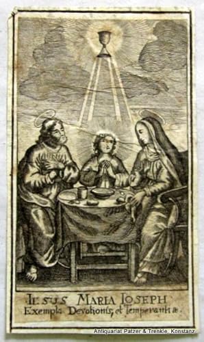 Seller image for Exempla Devotionis et Temperantiae". Darstellung der "Heiligen Familie" beim gemeinsamen Mahl. Kupferstich (10,5 : 6 cm) auf Trgerpapier montiert (11,4 : 6,7 cm). Deutschland, um 1750. for sale by Jrgen Patzer