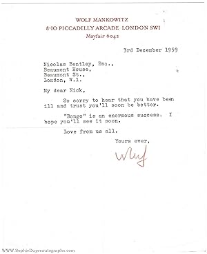 Typed Letter Signed 'Wolf' to Nicolas Clerihew BENTLEY (Wolf, 1924-1998, Playwright, Screenwriter...