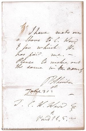 Autograph Instruction Signed to T. C. W. Ward (Richard Brinsley, 1751-1816, Dramatist)