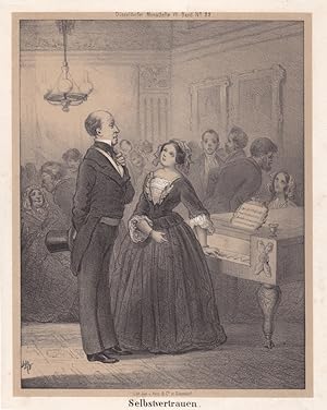 Selbstvertrauen, Paar auf einer Gesellschaft am Klavier stehend, Lithographie von 1854 aus Düssel...