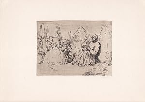 Ziegenhirte beim Flötenspiel, Kuferstich um 1870 von G. Wallmann, unter der Graphik mit Bleisitft...