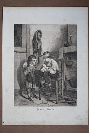 Imagen del vendedor de Der kleine Fltenblser, Holzstich um 1860 mit zwei Kindern, Blattgre: 30,5 x 22 cm, reine Bildgre: 22,5 x 16,3 cm. a la venta por Carl Adler's Buch- und Graphikkabinett