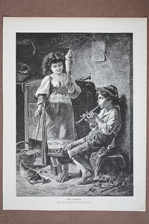 Erste Lorbeeren, schöner Holzstich um 1870 mit zwei Kindern beim Flötenspiel und Spinnen nach ein...