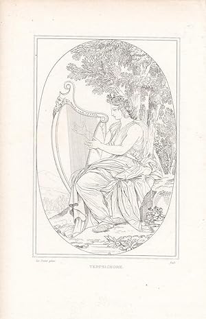Terpsichore, Muse mit Harfe, Stahlstich um 1840 nach Le Sueur, Blattgröße: 18 x 11 cm, reine Bild...