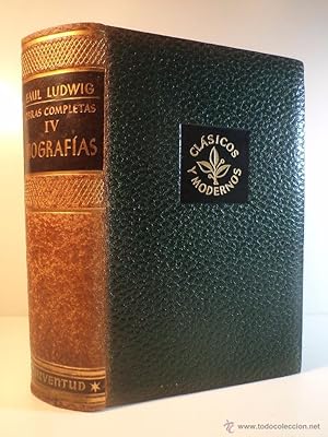 Imagen del vendedor de OBRAS COMPLETAS DE EMIL LUDWIG. Volumen IV. BIOGRAFAS: Bolivar. Wagner. Roosevelt. El mundo que yo he visto. Autobiografa de un bigrafo. Coleccin Clsicos y Modernos. Editorial Juventud, Barcelona, 1956, No consta edicin, por lo que es la 1. 1427 pginas. Cinta separadora. Tamao 180x125mm. Encuadernacin original en plena piel granulada en color verde con caracteres dorados sobre 2 tejuelos negros. Buen estado, limpio de rastros de anteriores poseedores y bien cuidado, conservado en urna. a la venta por Librera Anticuaria Ftima