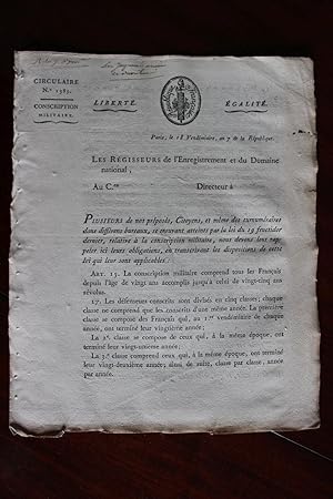 Imagen del vendedor de Autographe - Circulaire n1385 concernant la conscription militaire a la venta por Librairie Trois Plumes