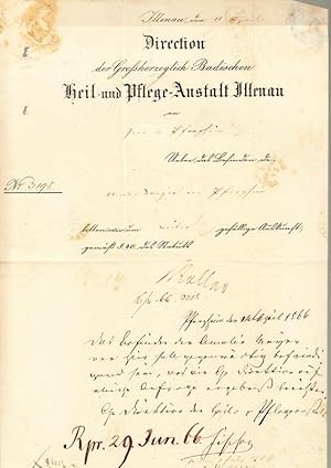 Bild des Verkufers fr Brief mit eigh. Unterschrift von Roller und eigh. mehrzeilige Antwort mit Unterschrift von Fischer. Illenau 11. April 1866 und Pforzheim 14. April 1866 zum Verkauf von Antiquariat am Osning