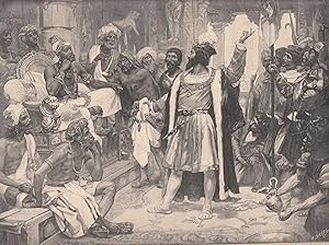 Imagen del vendedor de Vasco da Gama bergibt dem indischen Frsten Samorin von Calicut den Brief des Knigs Manuel von Portugal. Der Frst sitzt auf einem Thron, Vasco da Gama steht vor ihm und hlt in rechten Hand den Brief des Knigs. a la venta por Antiquariat Hild