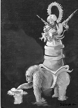 Bild des Verkufers fr Original Art with Gorilla, Weapons, Toys, untitled greyscale painting on pressboard zum Verkauf von Little Sages Books,  ABAA/ILAB