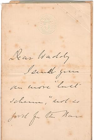 Bild des Verkufers fr Holographic letter from British Judge Lewis Cave (1832   1897), written on chain-lined paper, Royal Courts of Justice letterhead, blind-embossed with crest. n.d., ca. post 1882 zum Verkauf von Little Sages Books,  ABAA/ILAB