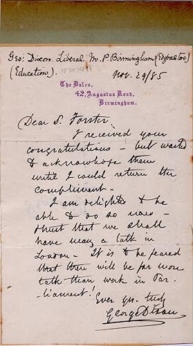 ALS from George Dixon, Member of Parliament, to S(ir) Forster (Forster's Education Act/Elementary...