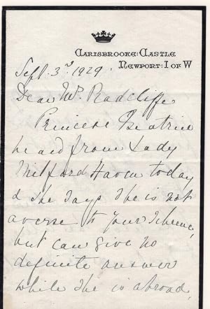 Holographic letter on Carisbrooke Castle Letterhead : Newport, I of W, dated Sept. 3, 1929, From ...