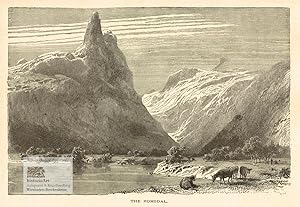 The Romsdal. Ansicht der verschneiten Berge von Romsdal in Norwegen mit Viehherde am Fjord. Holzs...