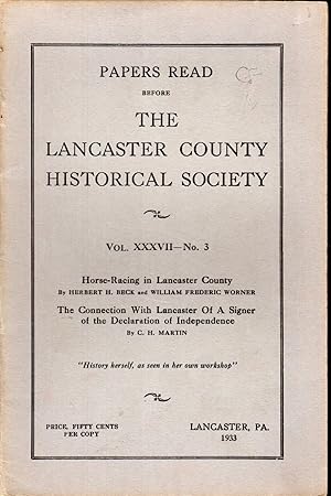 Image du vendeur pour Papers Read Before the Lancaster County Historical Society: Volume XXXVII, No. 3; 1933 mis en vente par Dorley House Books, Inc.