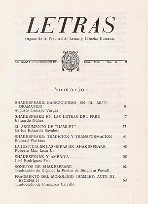 Imagen del vendedor de LETRAS. rgano de la Facultad de Letras y Ciencias Humanas. Ao XXXVI. 1 y 2 semestre 1964. Nms. 72  73. a la venta por Librera Torren de Rueda