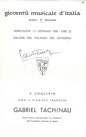 Firma autografa del pianista sul programma di sala della Gioventù musicale d'Italia, sezione di M...