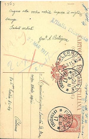 Cartolina postale viaggiata: "Firenze, 21-3-11" e arrivata a Palermo il "23-3-11"