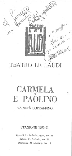 Dedica autografa dei due attori sul programma di sala di: "Carmela e Paolino, varietà sopraffino"...