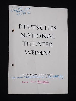 Bild des Verkufers fr Programmheft 19 Deutsches Nationaltheater Weimar 1954/55. Ballett DIE FLAMME VON PARIS von Boris Assajew. Musikal. Ltg.: Joachim Freyer, Insz./ Choreogr.: Tom Schilling, Kostme: Karl Zopp. Mit Dagmar Evers, Heinz Kretzschmann, Jack Theis, Marianne Lee, Ursula Mller, Harald Hebenstreit, Edith Vogel zum Verkauf von Fast alles Theater! Antiquariat fr die darstellenden Knste