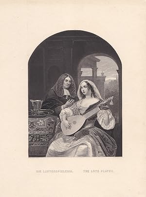 Die Lautenspielerin, The Lute Player, Stahlstich um 1845 von A.H. Payne nach F. van Mieris, Blatt...