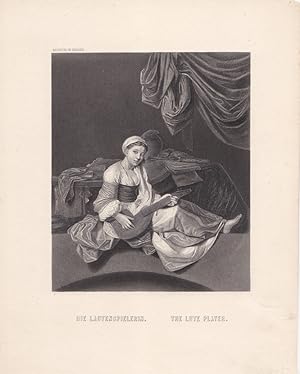 Die Lautenspielerin, The Lute Player, Stahlstich um 1850 von A.H. Payne nach Cornelis Bega, Blatt...