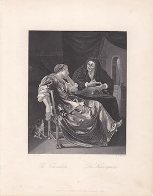 Laute, The Fortuneteller, Die Wahrsagerin, Stahlstich um 1850 von A.H. Payne nach Fr. v. Mieris, ...