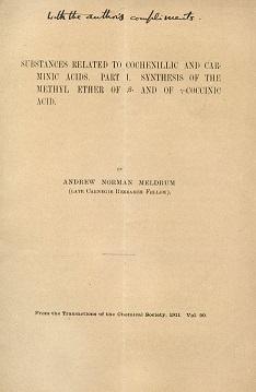 Seller image for Substances related to cochenillic and carminic acids. Part I. Synthesis of the methyl ether of  and of y coccinic acid. From the Transactions of the Chemical Society, 1911, vol. 99 for sale by Gilibert Libreria Antiquaria (ILAB)