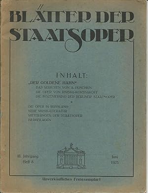 Image du vendeur pour Bltter der Staatsoper. III. Jahrgang, Heft 8. Juni 1923 mis en vente par Good Reading Secondhand Books