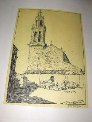 WILLI GEIGER *. ORIGINAL-FEDERZEICHNUNG: "Italien.-Campagna Kirche" - schwarz gezeichnet auf gelb...