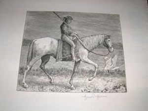 HANS THOMA *. ORIGINAL-RADIERUNG (s/w.), " Einsamer Ritter auf Pferd, mit Schwann am Boden, Mitte...