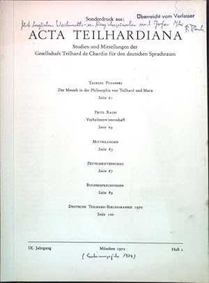 Imagen del vendedor de Verhaltenswissenschaft; (SIGNIERTES EXEMPLAR); Sonderdruck aus; IX. Jg. Heft 2 Acta Teilhardiana, Studien und Mitteilungen der Gesellschaft Teilhard de Chardin fr den deutschen Sprachraum; a la venta por books4less (Versandantiquariat Petra Gros GmbH & Co. KG)