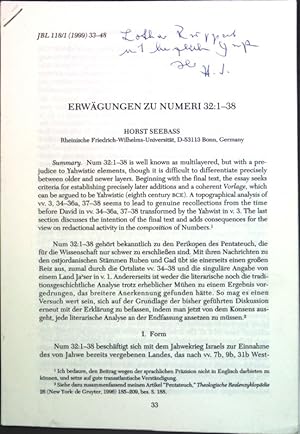 Seller image for Erwgungen zu Numeri 32:1-38 (SIGNIERTES EXEMPLAR); Sonderdruck aus JBL 118/1; for sale by books4less (Versandantiquariat Petra Gros GmbH & Co. KG)