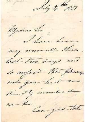 Holographic letter, signed, from Charles Swain the poet (1801-1874), dated July 4, 1857