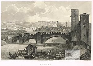 Verona. Ansicht von Verona mit Bogenbrücke über die Etsch, Flößern, Waschboot und Wäsche waschend...