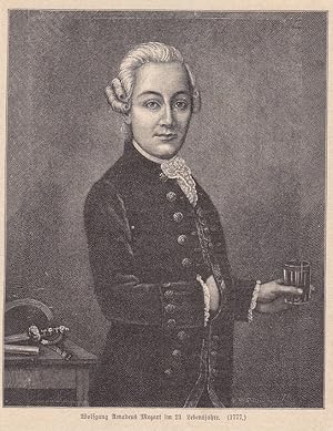 Wolfgang Amadeus Mozart im 21. Lebensjahre, Holzstich um 1891 mit Mozart im Halbportrait, Blattgr...