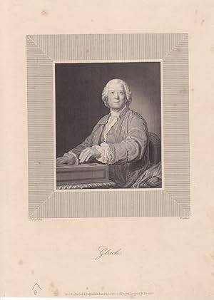 Gluck, Christoph Willibald (1714-1787) am Spinett, Stahlstich um 1860 mit Portrait des Komponiste...