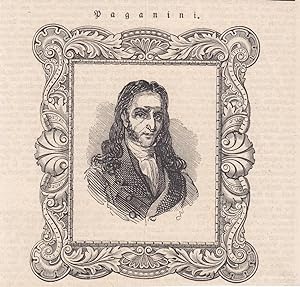 Niccolò Paganini (1782-1840), Holzstich um 1840 mit Portrait des Geigers in schönem Schmuckrahmen...