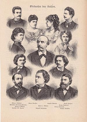 Virtuosen der Saison, schöner Holzstich um 1885 mit 12 einzelnen Portraits, Blattgröße: 22 x 15,8...