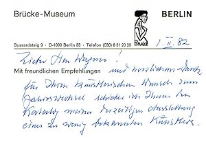 Eigenhändig geschriebene Postkarte des Brücke-Museums. Mit Unterschrift.