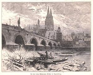 Bild des Verkufers fr An der alten Steinernen Brcke in Regensburg. Holzstich . zum Verkauf von Antiquariat Heinz Tessin