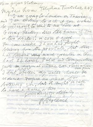 Image du vendeur pour Two Autograph Letters Signed ('B Pollock.' and 'B P.') and one unsigned Autograph Letter, all written during his final illness. mis en vente par Richard M. Ford Ltd