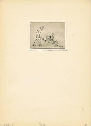 Radierung: Mann mit Kind in Schubkarre. Original Radierung, signiert, datiert. Als Kalenderblatt ...
