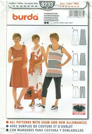 BURDA SEWING PATTERN: #8233: Misses' Sleeveless Dress, Top & Pants Coordinates: Size: 8 to 20